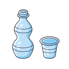 Empty plastic disposable water bottle and cup or glass isolated cartoon vector