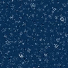 Hand Drawn Snowflakes Christmas Seamless Pattern. Subtle Flying Snow Flakes on chalk snowflakes Background. Awesome chalk handdrawn snow overlay. Indelible holiday season decoration.
