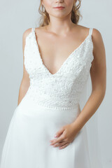 blonde caucasian bride on white dress bridal dress concept