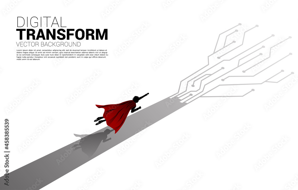 Poster silhouette of flying on the arrow dot connect circuit board style. concept of digital transformation