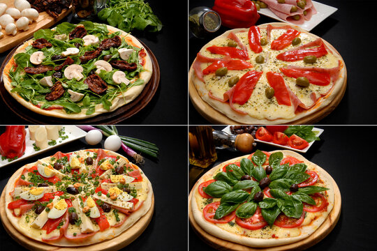collage of different and varied pizzas with vegetables ham mushrooms bell peppers