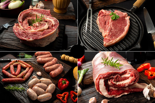 collage of different cuts of raw beef meat on wooden board