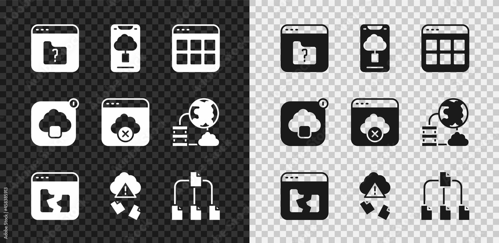 Poster set file missing, cloud technology data transfer, browser files, broken, hacking, folder tree, and f