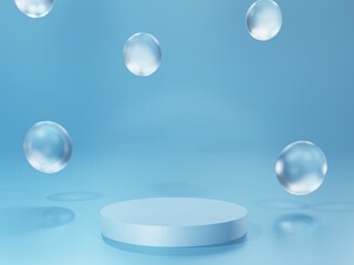 Cosmetic product stand, 
Podium with glass spheres on blue background