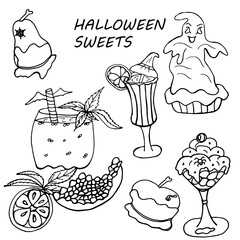 Hand drawn halloween isolated  set of cartoon doodle form candies and sweets, cakes and desserts. Popular sweets for halloween. Vector illustration for coloring pages.