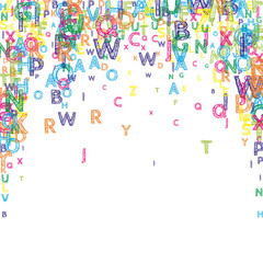 Falling letters of English language. Bright handdrawn flying words of Latin alphabet. Foreign languages study concept. Beauteous back to school banner on white background.