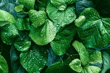 Texture of many fresh beautiful leaves with raindrops. Natural background. - obrazy, fototapety, plakaty
