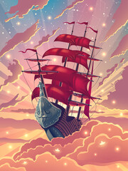 Ship with scarlet or red sails in magic fantasy sky with orange clouds over starry sky and sunset light illustration in vector. High detailed sea landscape with vessel.