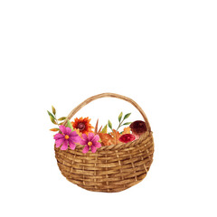 Fototapeta na wymiar Basket with flowers in watercolor