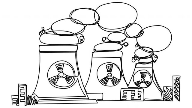 Nuclear station bottom one line on a white background with an alpha channel. 4k stock video of mining of atomic energy for electricity. Harmful chemical plant for whiteboard presentation. 