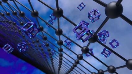 Blue illuminated Hot Iron Purple Cube with Atom Plane Structure under Blue Sky Background. Block-chain network technology concept illustration. 3D illustration. 3D CG. 3D high quality rendering. 
