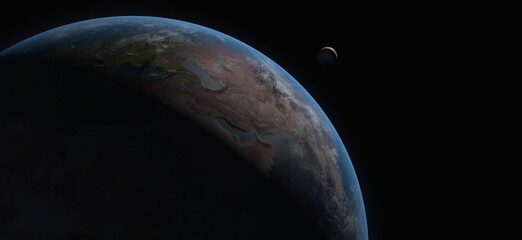 Earth Planet and Moon, Picture of Blue planet and Sun - 3d representation