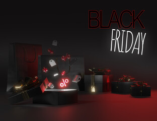 Black gift boxes with gold bows on black background neon sign black friday 3d render