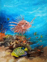 coral reef with fish.painting fish under the sea using acrylic paint