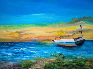 Fototapeta na wymiar wave season arrives. painting fishing boat anchored not going to sea because of the waves