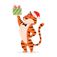 Fototapeta na wymiar Cute cartoon tiger in Santa hat with Christmas present isolated on white background. Adorable happy holiday orange striped wildcat. Smiling Chinese New Year 2022 symbol. Animal vector illustration.