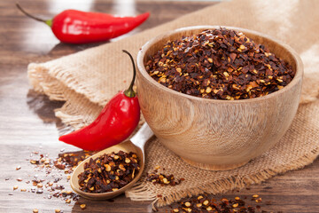 Crushed red cayenne pepper, dried chili and seeds