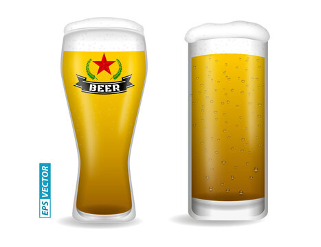 set of realistic beer glasses isolated or vertical close up beer full glass with bubble. eps vector