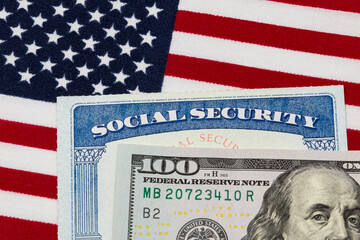 Social security card, 100 dollar bill and American flag. Concept of social security benefits payment, retirement and federal government benefits - obrazy, fototapety, plakaty