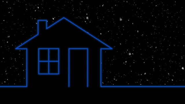 Glowing blue house with snowfall at night logo seamless loop animation motion graphics