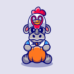 cute thanksgiving rhino carrying a pumpkin and wearing a chicken hat