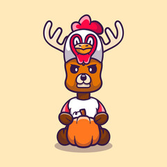 cute thanksgiving deer carrying a pumpkin and wearing a chicken hat