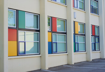 1970s style color panel windows in a school building