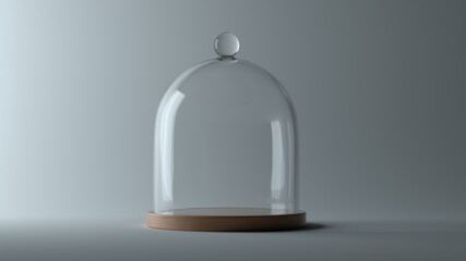Glass dome with wooden tray. Uniform background. 