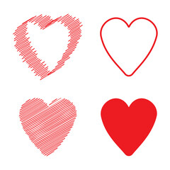 Red heart icon set. Drawing love symbol set. Celebration decor. Holiday wedding. Vector illustration. Stock image.