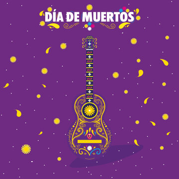 Invitaci&oacute;n para celebrar el D&iacute;a de Muertos y honrar a los difuntos. Tipograf&iacute;a de d&iacute;a de muertos con guitarra. 