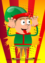 Christmas Elf is trying to scare you. Vector cartoon character illustration of Santa Claus's little worker, helper.