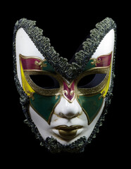 Mardi Grass masquerade ball mask in traditional colors purple green and white with green lace trim