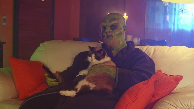 Green monster watching TV and zapping with a cat at home at night