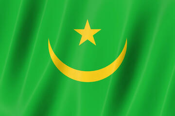 Mauritania flag of silk-3D panoramic  illustration