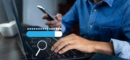 person using  laptop and smartphone with search data on internet browser, internet searching data concept