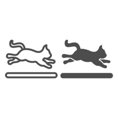 Jumping cat, kitty in motion line and solid icon, pets concept, active kitten jumps vector sign on white background, outline style icon for mobile concept and web design. Vector graphics.