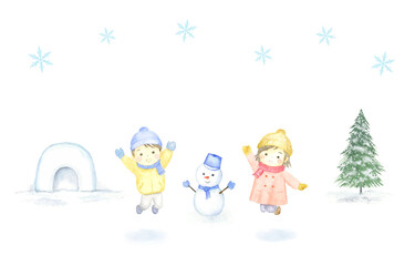 冬のこども　かまくらともみの木と雪だるま　白背景