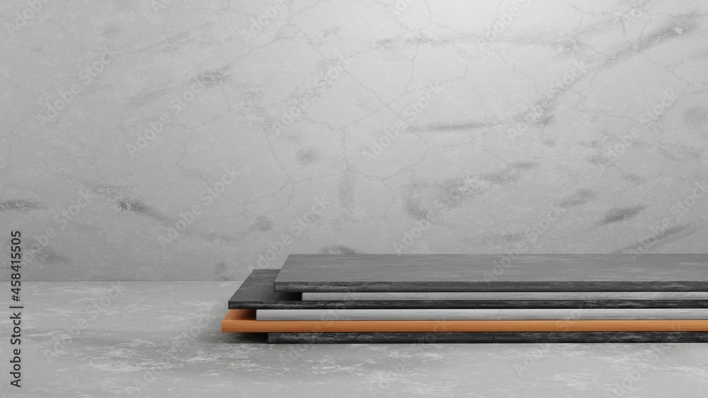 Aufkleber 3d rendering wood and concrete pedestal podium on grey cement texture background for presentation te