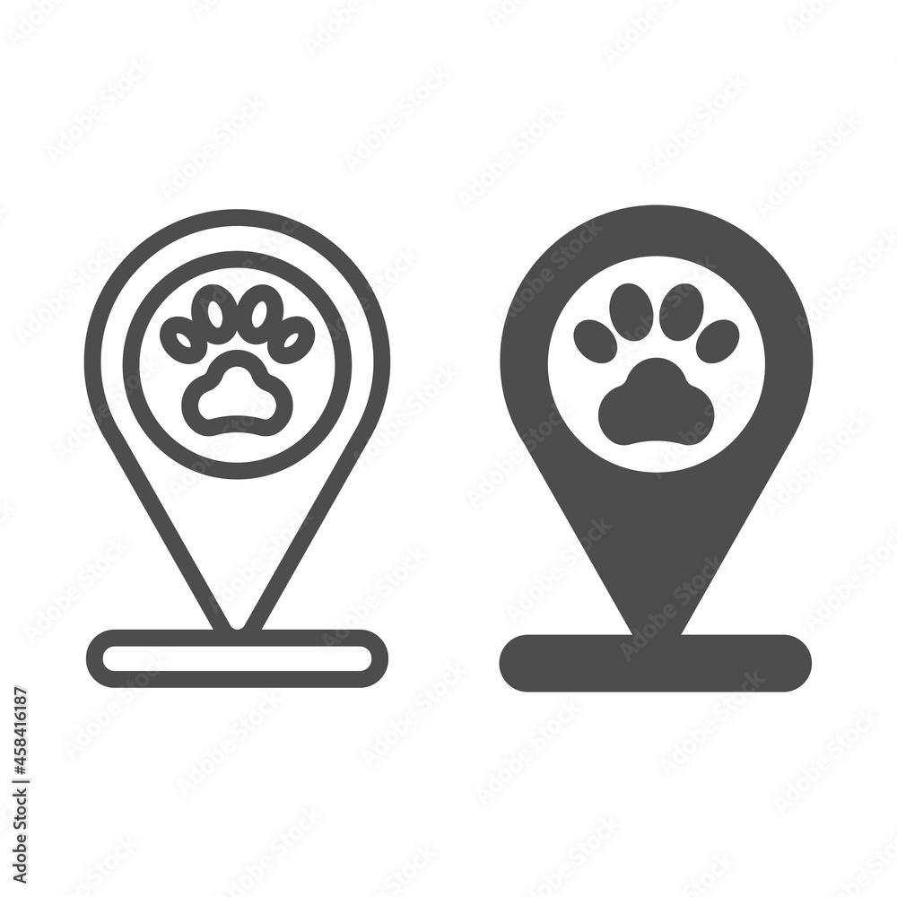 Poster location pin with pet paw print line and solid icon, pets concept, map pointer with pawprints vector