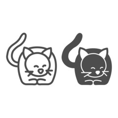 Lying cat, kitty with tail and whiskers line and solid icon, pets concept, kitten lies vector sign on white background, outline style icon for mobile concept and web design. Vector graphics.