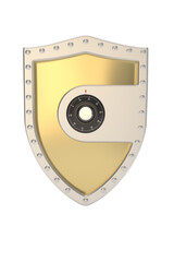 Metal shield with code lock isolated on white background. 3D illustration.