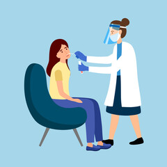 Covid-19 coronavirus testing carried out by a medical professional staff, doctor or nurse. Woman receiving a coronavirus test. DNA test by nose swap probe at hospital in flat design.