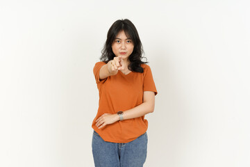 Beautiful Asian Woman Wearing Orange Color T-Shirt Pointing At You Isolated On White Background