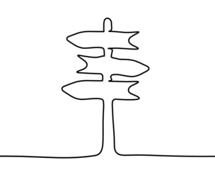 Abstract continuous drawing line arrow as sign of direction on white background. Vector