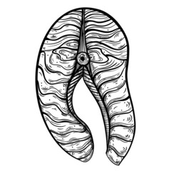 Slice of fresh salmon vector icon. Hand-drawn illustration isolated on white background. Raw fish steak for grilling, bbq. A sketch of a seafood delicacy. Imitation of engraving, ink outline. 