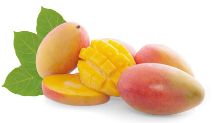 Mango fruit with mango cubes and leaves isolated on a white background