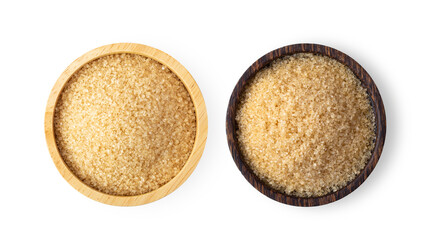 brown cane sugar in wooden bowl isolated on white background