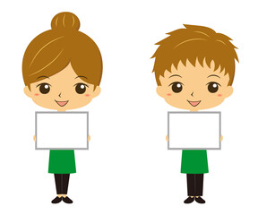 ホワイトボードを持っているレストラン、カフェ店員