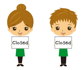 「Closed」と書かれたホワイトボードを持っているレストラン、カフェ店員