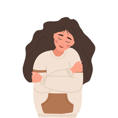 Love yourself. Self care. Mental health concept. Happy woman hugging herself. Smiling teenager enjoys her freedom. Vector illustration in flat cartoon style.